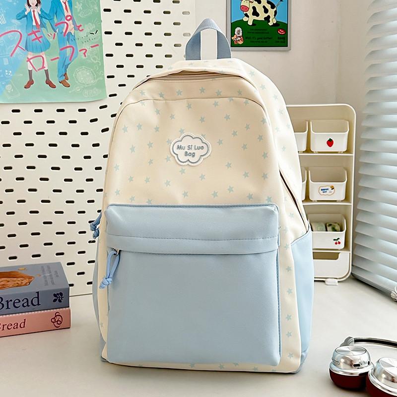 Star Printed Backpack For Teens With Breathable Nylon And Color Block Design For School And Travel