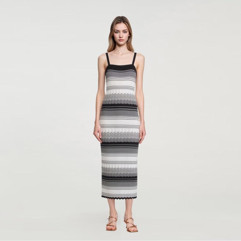 Factory cross-border foreign trade spring and summer elegant sleeveless A-shaped pullover Tencel medium and long striped knitted dress