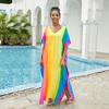 Plus Size Bathing Cover Up Boho Colorful Printed Kaftan Dress Bat Sleeve Long Tops Wedding Guest Dress Q1546