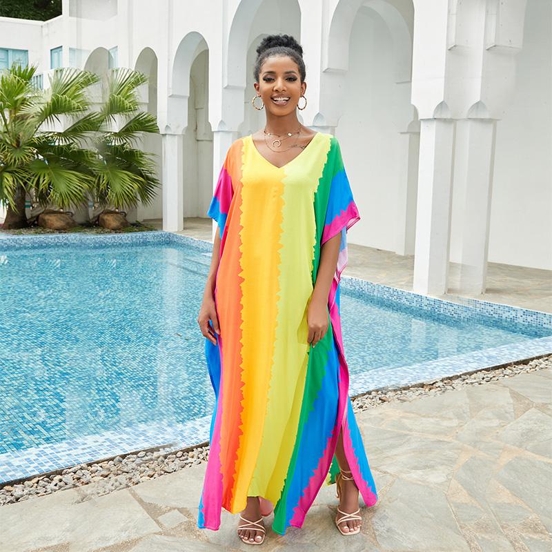 EDOLYNSA Plus Size Bathing Cover Up Boho Colorful Printed Kaftan Dress Bat Sleeve Long Tops Wedding Guest Dress Q1546