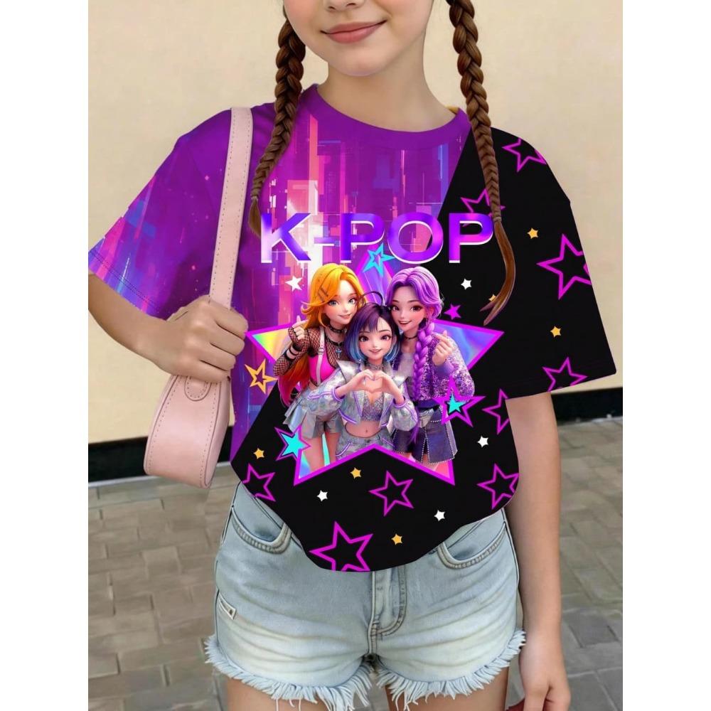 Kpop Style Short-Sleeve T-Shirts for Girls Funny Gift for Kids Summer Short Sleeve Tops Casual Round-Neck Outdoor Girls Clothes