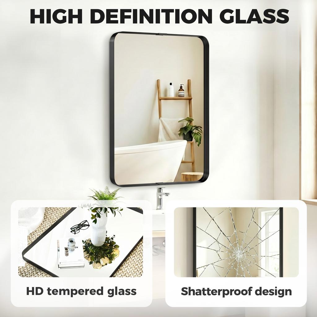 Rectangular Wall Mirror 90 X 60 Cm Wall Mounted Bathroom Mirror With Aluminium Alloy Frame And Tempered Glass Black