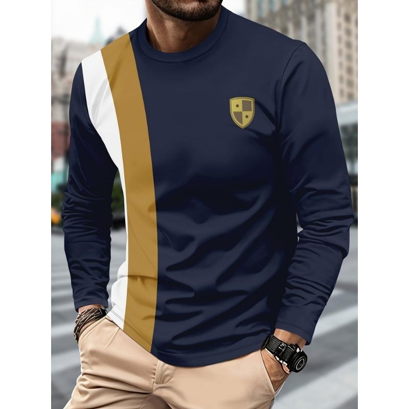 Men's Casual Striped Printed T-shirt 3D Printed Breathable Quick-drying Round-neck Long-sleeve T-shirt, Simple Style Workwear