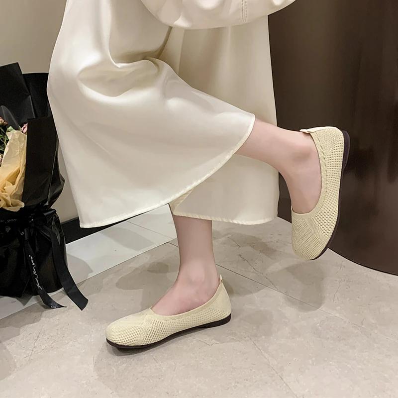 Women 2024 Spring and Summer New Soft Sole Square Head Shallow Mouth Breathable Pedal Knitted Shoes