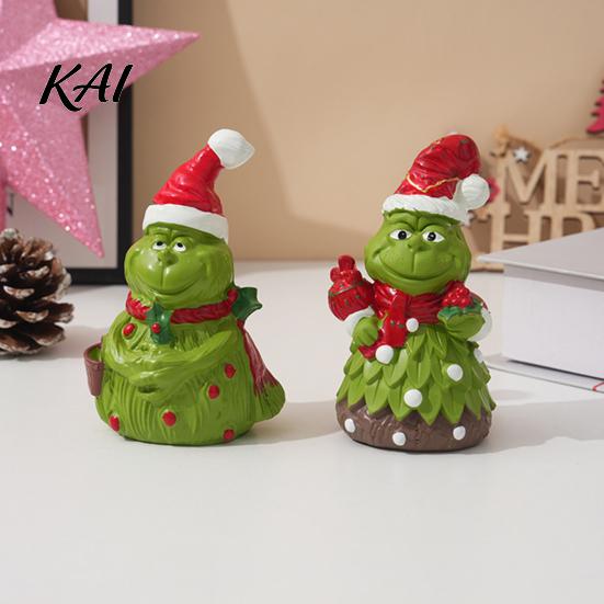 Micro Landscape Accessories Christmas Green Monsters Ornament with Santa Hat And Scarf, Resin Frog Small Sculptures Figurine for Home Decoration,