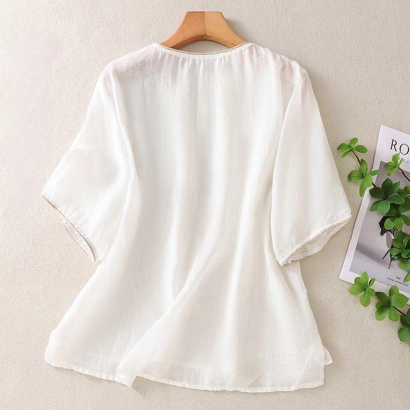 Топы в китайском стиле ретро из хлопка и льна для женщин летние тонкие свободные футболки с коротким рукавом