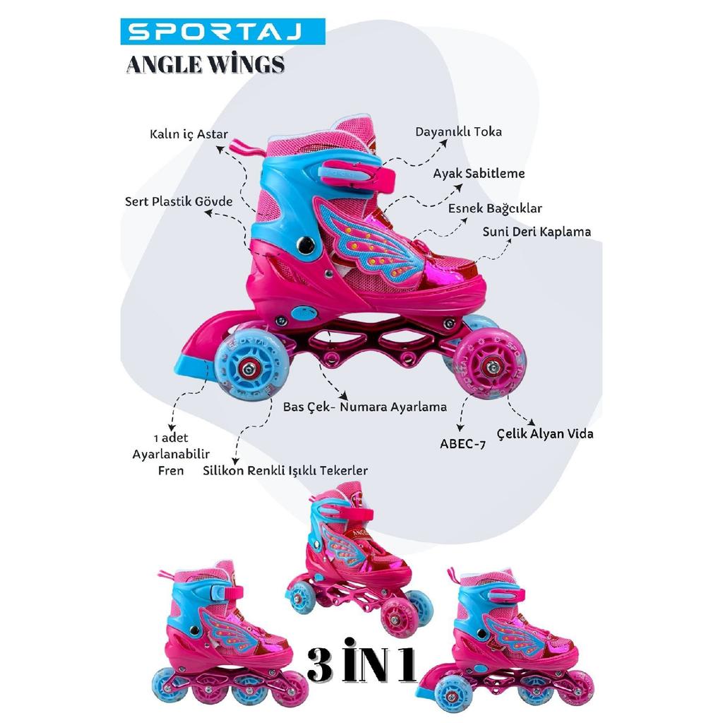 Angel Winged Illuminated Skates 2 2 Girl's Skates Silicone Wheel, 3 In 1 Wheel With Carrying Bag