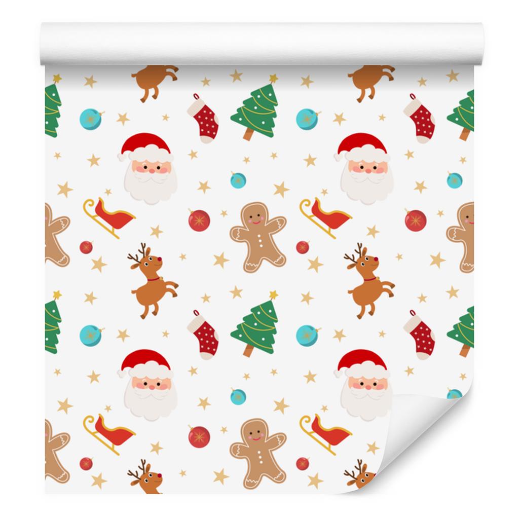 Christmas wallpaper white, cream, coral and green 50x1000