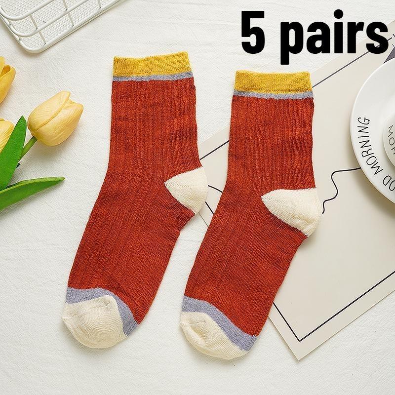 5 Pairs Women Candy Color Splicing Design Socks, Mid-tube Ribbed, Breathable, Sweat-absorbent, High Elastic
