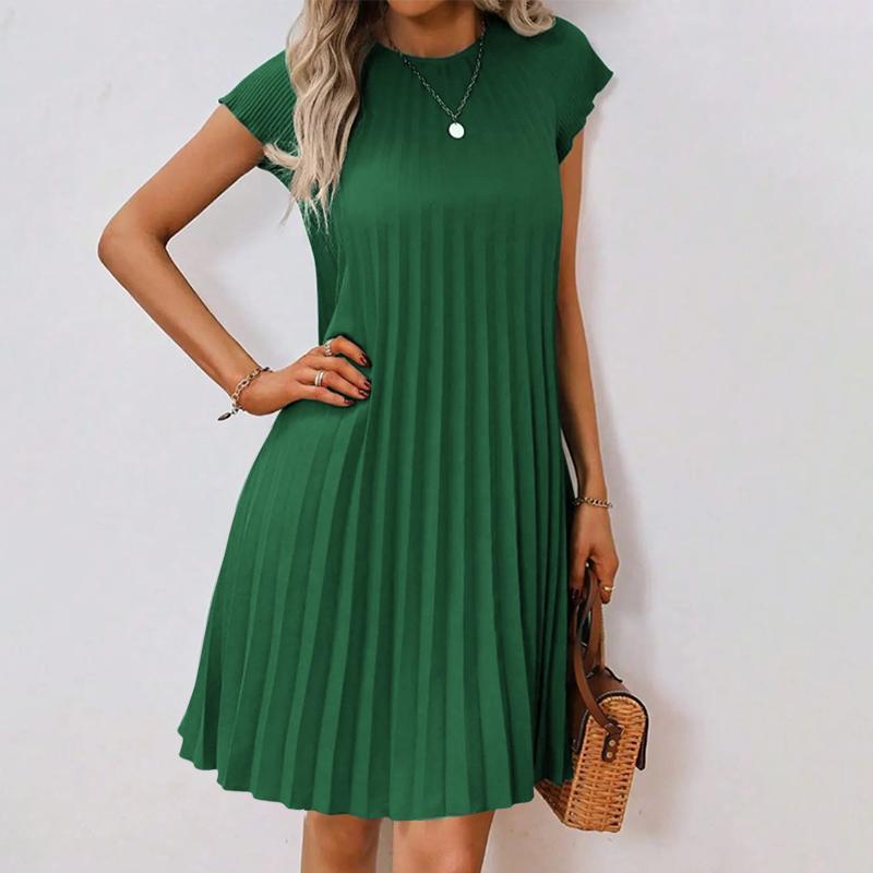 ZANZEA Женское летнее повседневное платье с круглым вырезом, коротким рукавом, свободного кроя, плиссированное