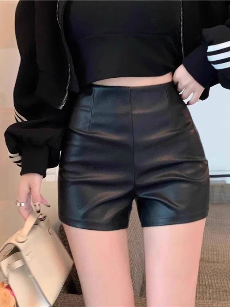 Женские шорты из искусственной кожи с высокой талией - 2023 Осень/Зима Slim Fit Сексуальные черные шорты