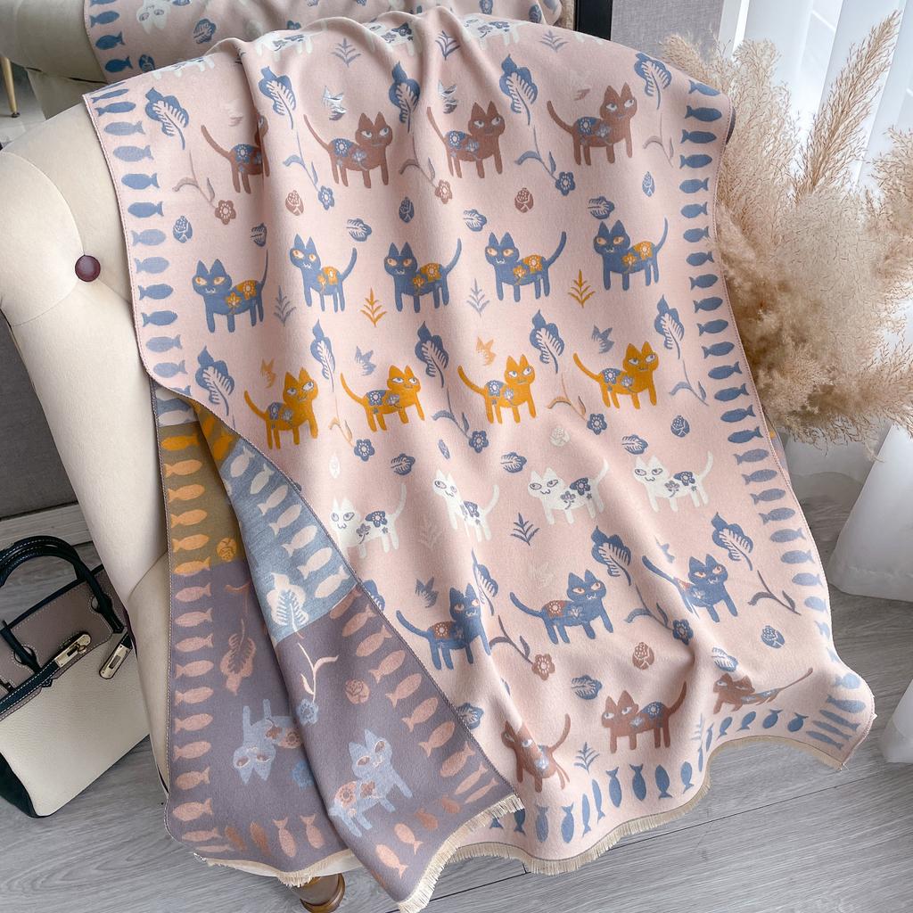 Autumn And Winter Ladies Cute Animals Cat Big Shawl Imitation Cashmere Thickened Warm Versatile Scarf To Keep Out The Cold