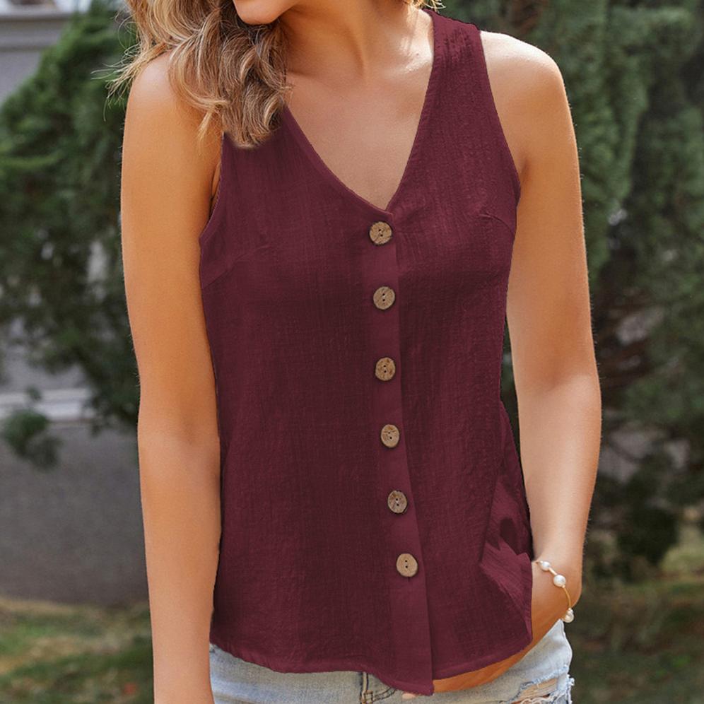 YYFS Женские модные повседневные однотонные блузки и рубашки без рукавов с v-образным вырезом и принтом