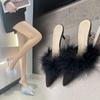 2025 New Internet Celebrity Fluffy Slippers Women Wear Pointed High Heels Fitting Room Shoes Half Drag Mid-heel Cool Slippers 33
