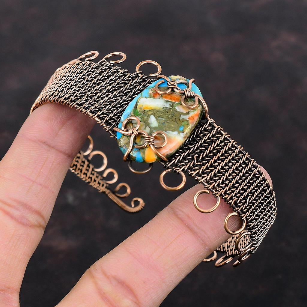Spiny Oyster Copper Turquoise Bangle Copper Wire Wrapped Cuff Bracelet Handmade Adjustable Bangle Gemstone Cuff Copper Jewelry Gift For Mom