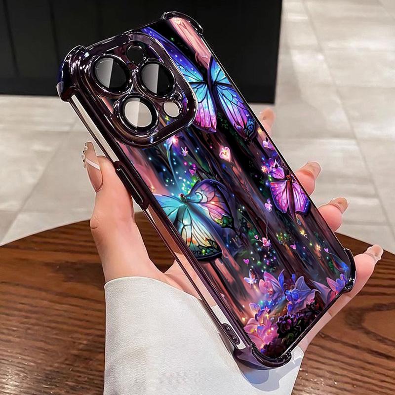 Glowing Butterfly Pattern Electroplated Clear Phone Case For Samsung Galaxy S25 Ultra S24 S23 S22 S21 Plus FE Anti-Fall Cover