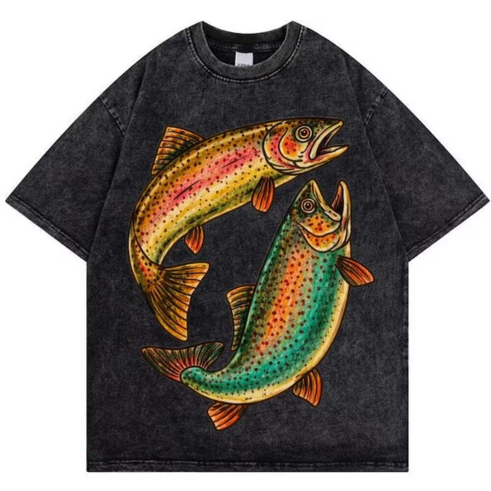 Vintage Washed Psychedelic Fish Graphic Tshirt Acid Wash Aesthetic Streetwear Oversized Summer Colorful Artistic Clothing