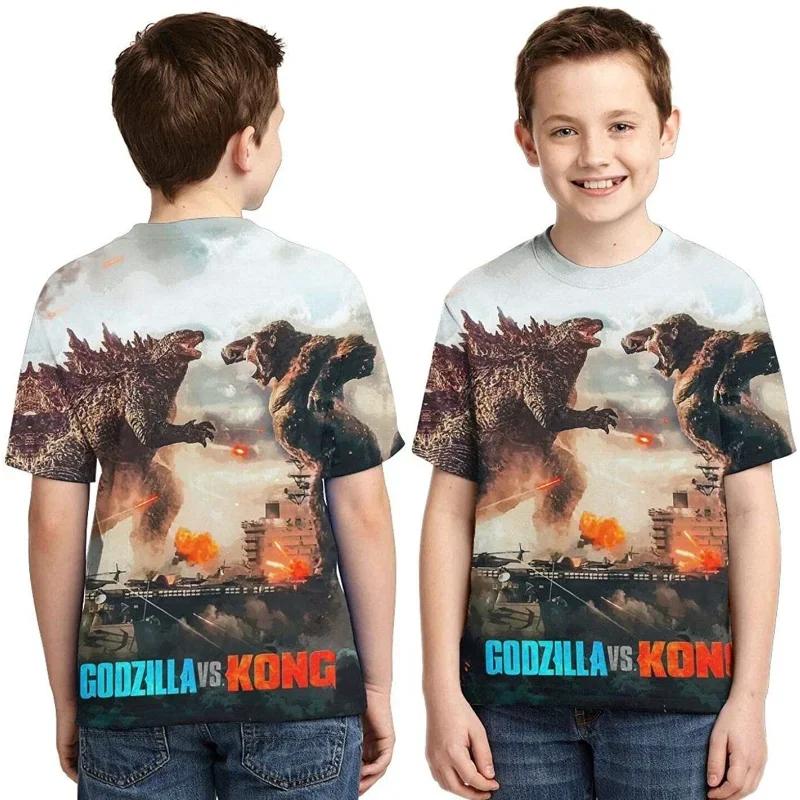 Футболка «Годзилла против монстра Кинг-Конга», футболка с 3D цифровым принтом, детская летняя одежда с короткими рукавами с героями мультфильмов для мальчиков и девочек, подарок