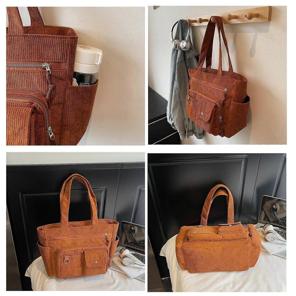 Women’s Corduroy Underarm Handbag Multi Pocket Storage Lightweight Commuters Bag For Office Travel Essential White