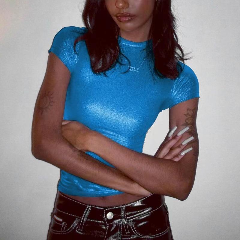 Женская весенняя новая модная металлическая круглая горловина с коротким рукавом обтягивающая футболка топ