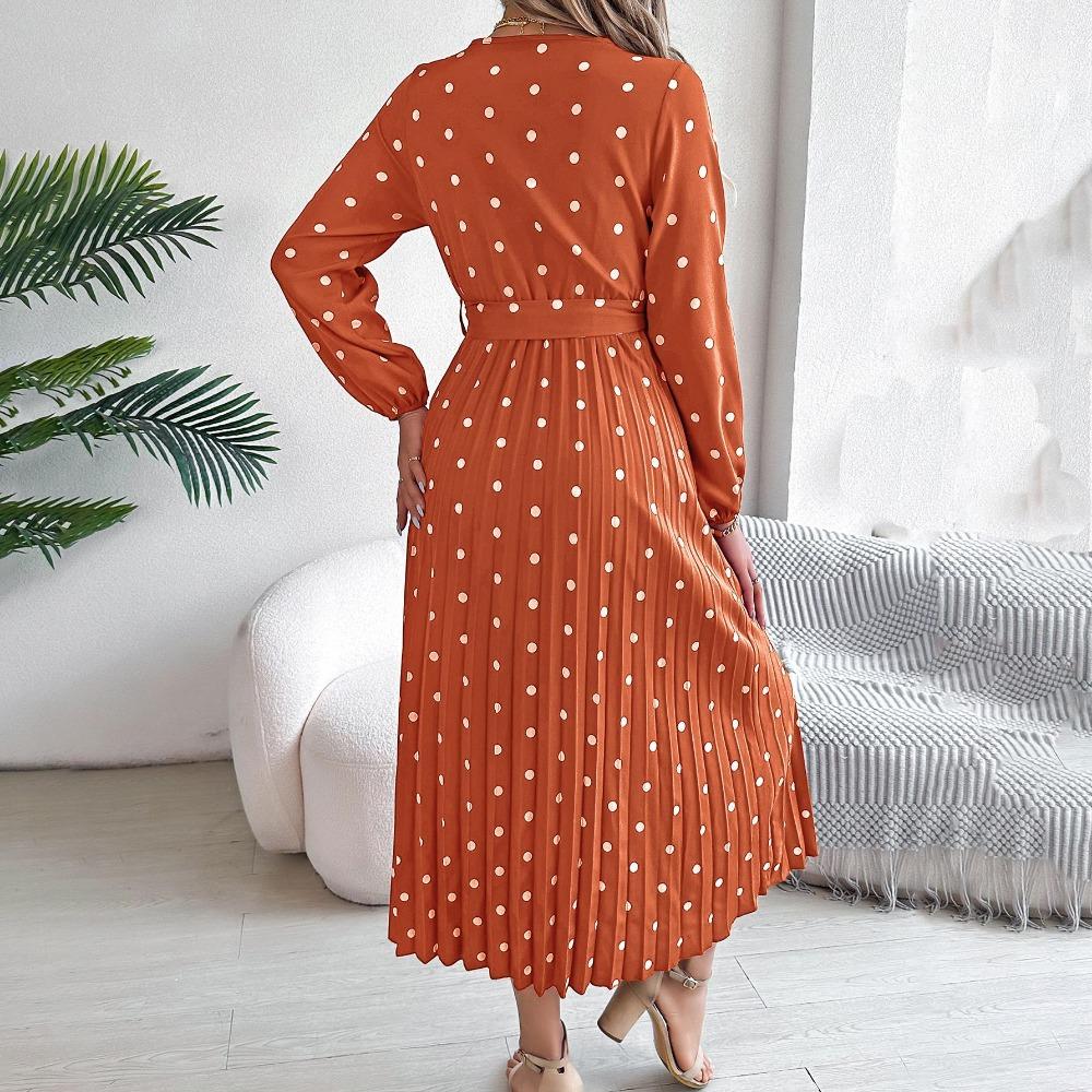Весна-лето женское длинное платье с длинным рукавом в горошек и высокой талией