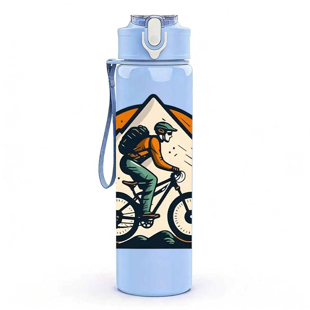 1PC Mountain Biker Hiking Outdoor Print 750ml Color Plastic Sports Water Bottle Leakproof Flip Straw Lid Suitable for Sports Office Home Use