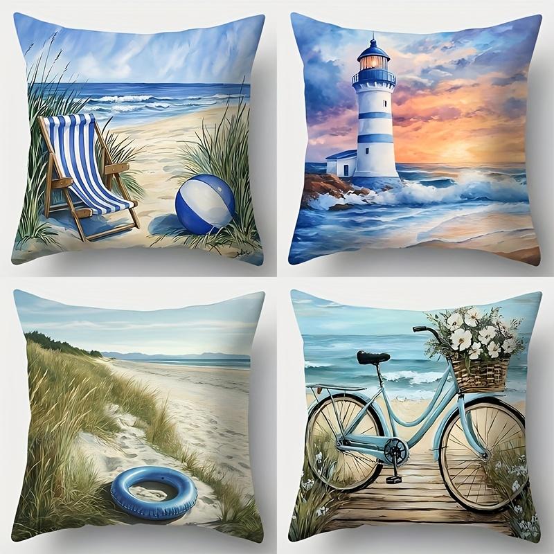 4Pcs Beach And Lighthouse Design Single-Sided Digital Printing Pillow Cover Short Plush Suitable Living Rooms Bedrooms Sofas