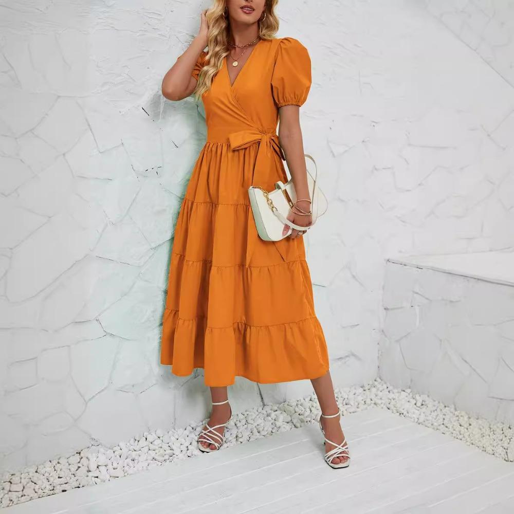 Summer Casual V-neck Dress with Puff Sleeves, Loose Layered A-line Flowing Long Skirt
