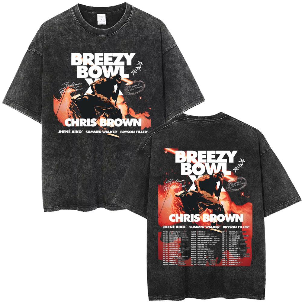 Рэпер Крис Браун Breezy Bowl XX Тур Винтажные стираные футболки Мужские Женские Хип-Хоп Модные Футболки Мужская Хлопок Ретро Футболка