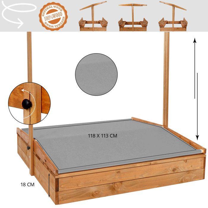 Bac à Sable - Springos - 120 x 120 см - Bois Massif - Bancs Pliables - Toit Réglable