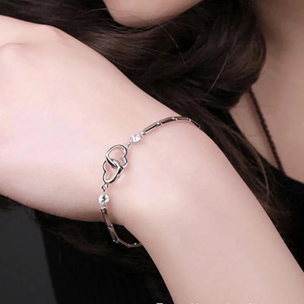 Charms 925 Silver Bracelets Bangles for Women Valentine's Days Gift Cubic Zircon Double Heart Bracelet Jewelry