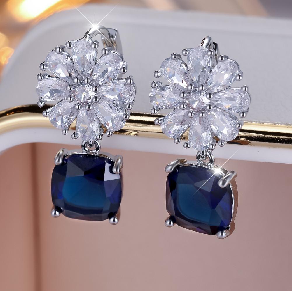 1 пара сережек-капель с голубым цирконием огранки «Принцесса» для женщин и девочек, серебряные серьги-цветы, ювелирные изделия для свадебной вечеринки