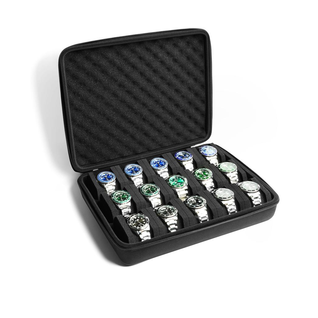 15-Watch Case, Travel Watch Storage Bag with Hard Cover and Custom Sponge Pillow for Small and Large Watches, Dive Watches, and Sports Watches