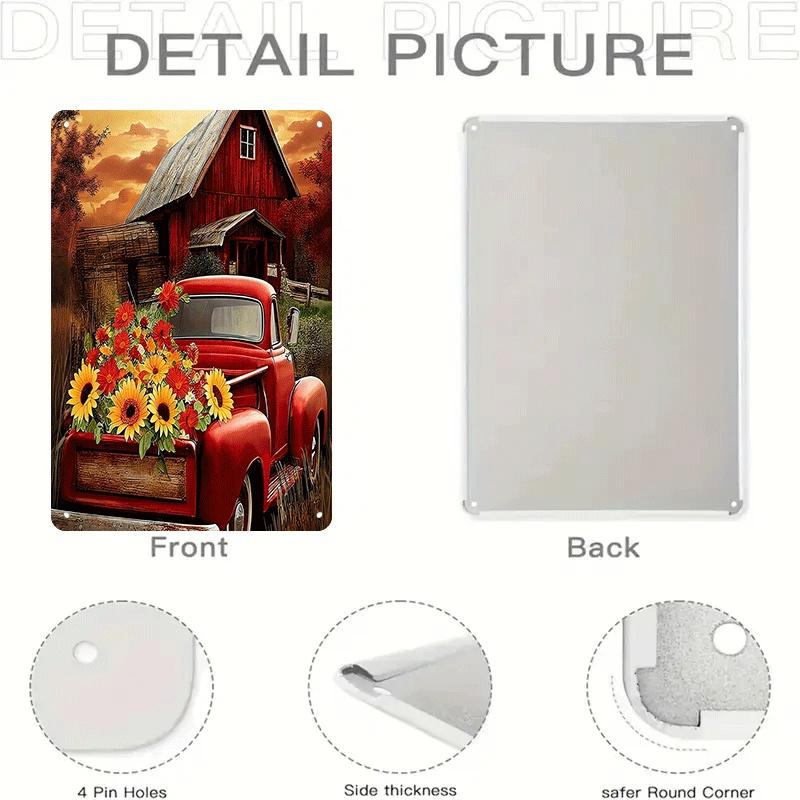 1 piece: Vintage red truck and sunflower bouquet tin painting, American country style living room/entrance wall decoration, nost