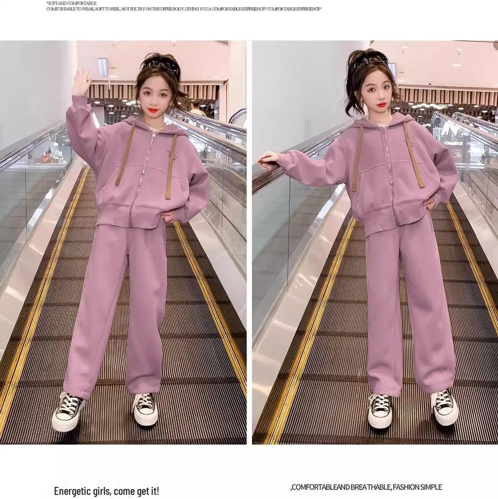 Осенний спортивный комплект для девочек: Худи и брюки широкого кроя, двухпредметный комплект