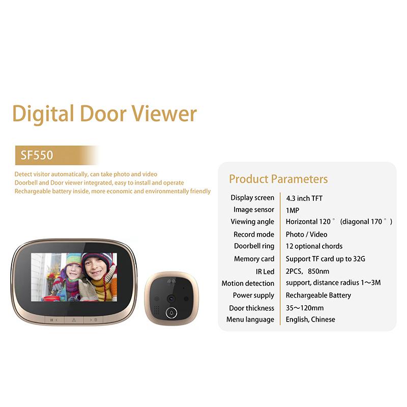 4.3 Inch LCD Color Screen Digital Doorbell 120 Degree Electronic Peephole Door Camera Viewer PIR Night Vision Outdoor Door BellAA