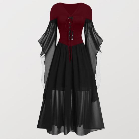Женское платье для косплея в готическом стиле, костюм ведьмы на Хэллоуин, на шнуровке, с V-образным вырезом, в тон, с длинными рукавами и рогами, платье трапециевидной формы
