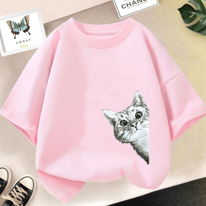 Cute Cat Pet Cartoon Summer Fashion T-Shirt Girls White Round Neck Short Sleeves Shirts Casual Aesthetic Top Fashion Clothes