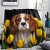 1Pc Flower dogs Print Flannel Blanket, High quality Comfortable for All Seasons, Home Decor, Warmth and Comfort, Perfect for Christmas Gifts