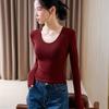 Топ-водолазка с длинным рукавом для женской осенне-зимней новой женской одежды, тонкая футболка однотонного цвета с V-образным вырезом, темпераментный облегающий талию топ