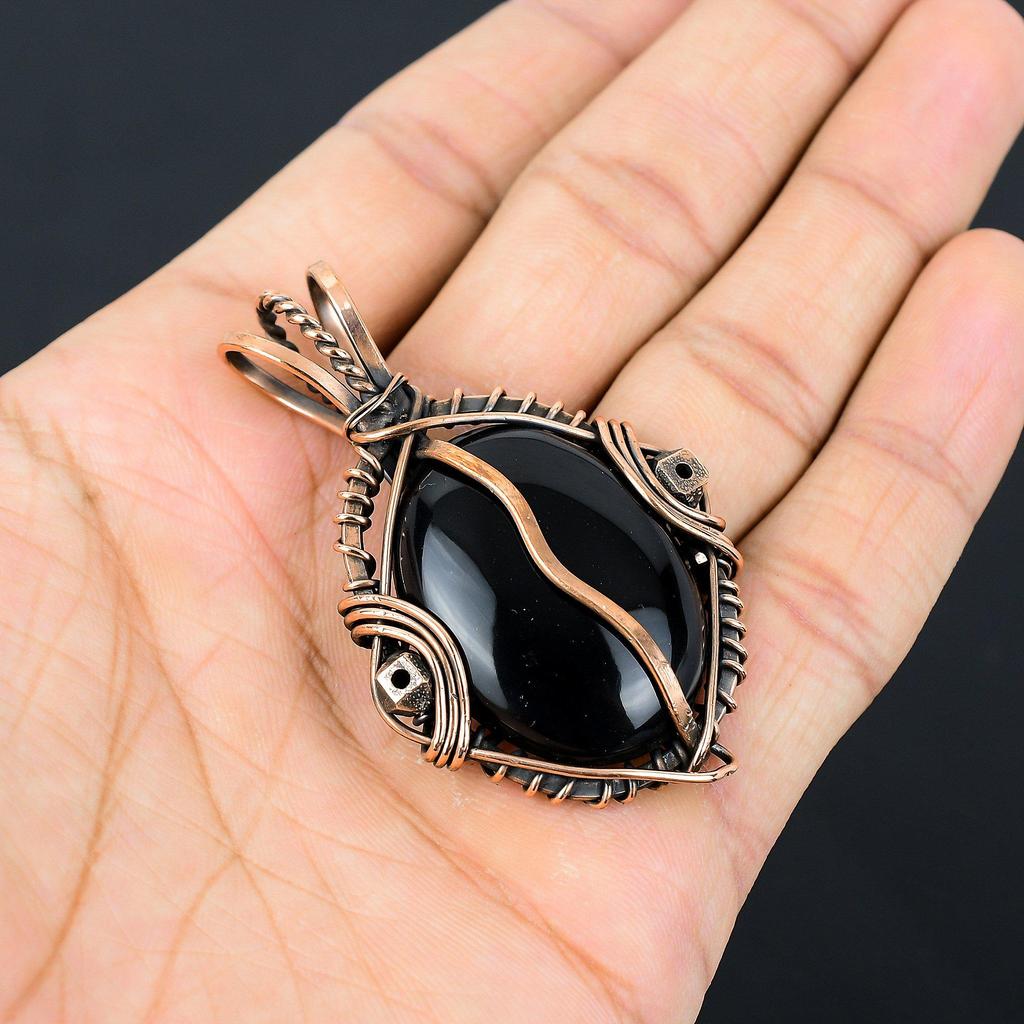 Украшения из черного оникса, Кулон, обернутый медной проволокой 999 пробы, Ювелирные изделия из драгоценных камней ручной работы, Подарки для жены, Совершенно новый кулон