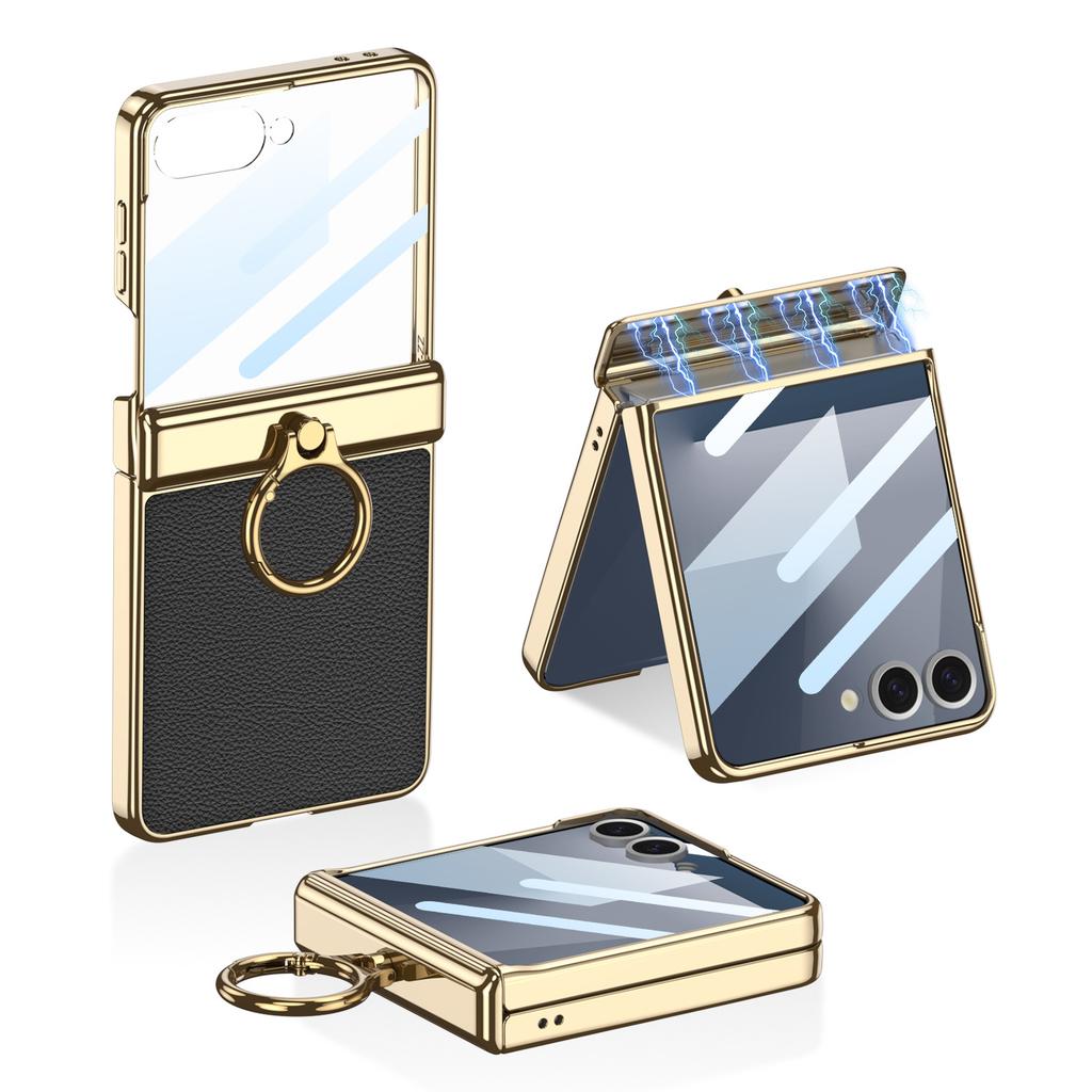 Suitable for Samsung Z Flip7 Mobile Phone Case Magnetic Folding Hinge Plain Leather Pc Electroplate Finger Ring Holder Shell Film Full Packaging