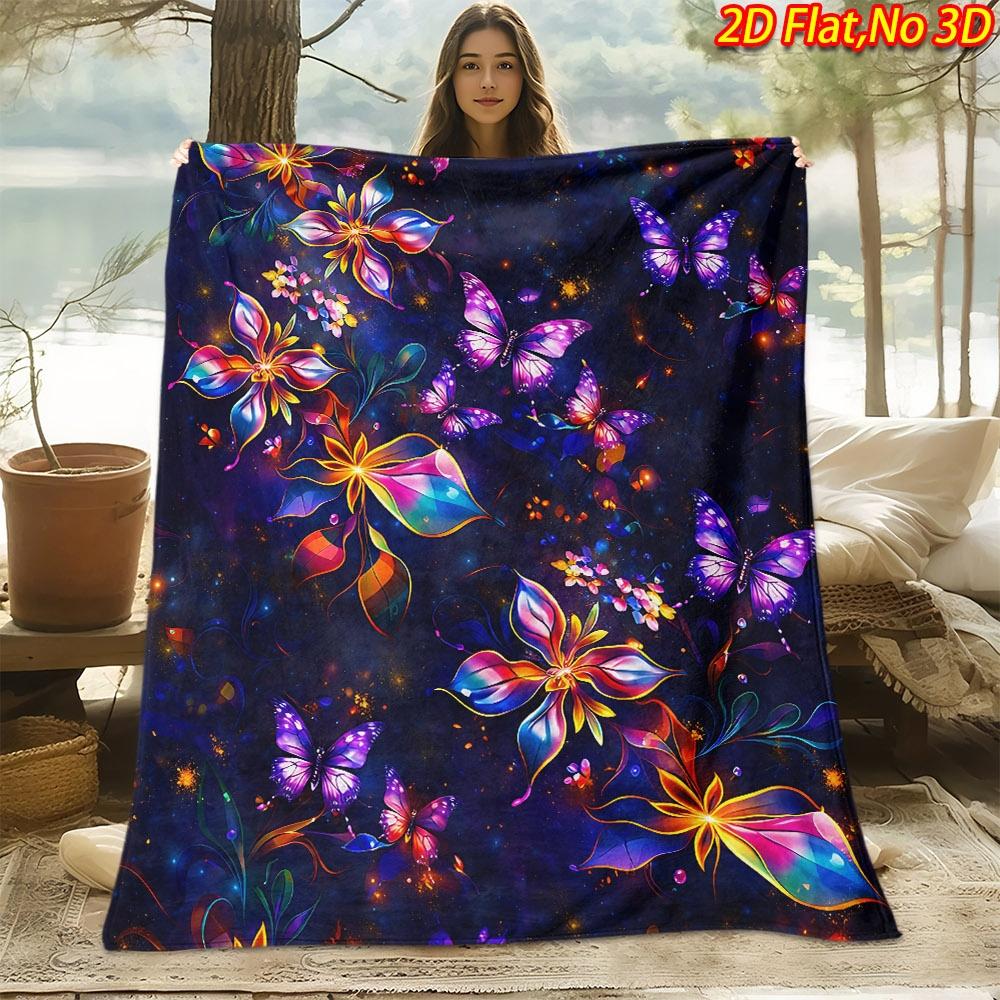1pc 1pcs Floral & Butterfly Print Throw Blanket Suitable for All Seasons, Soft Flannel Bedspread with Colors, Machine Washable Bedspread for Couch,, B