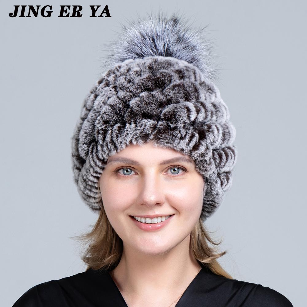 Вязаные шапки с помпоном для женщин, шапочки, однотонные эластичные шапки из меха кролика рекс, зимняя шапка Skullies, модные шапки из натурального меха