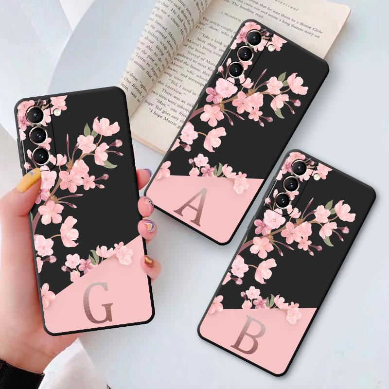 Черный мягкий чехол для телефона Samsung Galaxy S10e S20 Fe S10 S9 S21 S22 Plus S23 Ultra 5g S8 S7 с розовыми цветами и буквой A