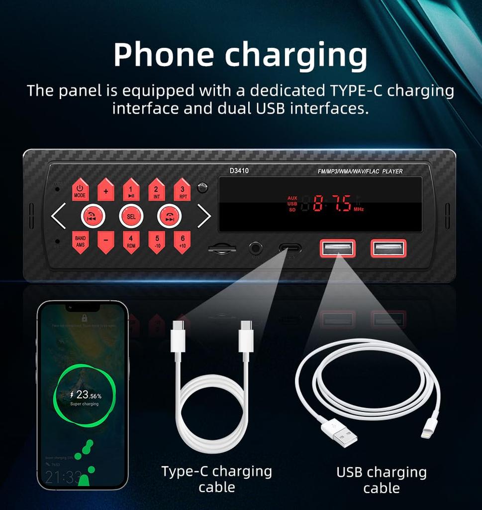 1Din автомобильный стерео 12V автомобильный MP3-плеер Bluetooth FM защита проводки Bluetooth автомобильный радиоприемник, 2USB/AUX/TF/Type-C громкой связи