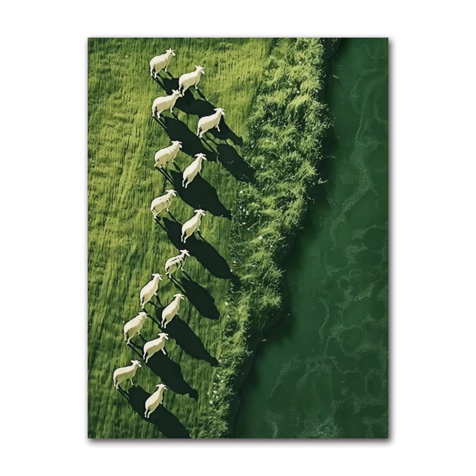 Modern Minimalist Pastoral Frameless Canvas Poster, Green Background with Sheep Herd, Wall Mural for Home Decor