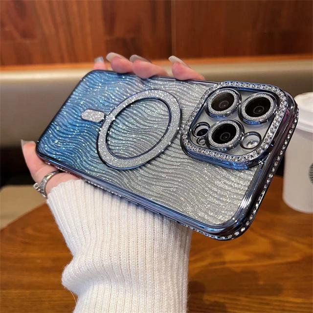 Для iPhone 15 Pro Max Высококачественный Роскошный Покрытие Вспышка Magsafe Магнитный Стразы Чехол для Телефона Для iPhone 11 12 13 14 15 16 Plus Защитная Крышка Объектива