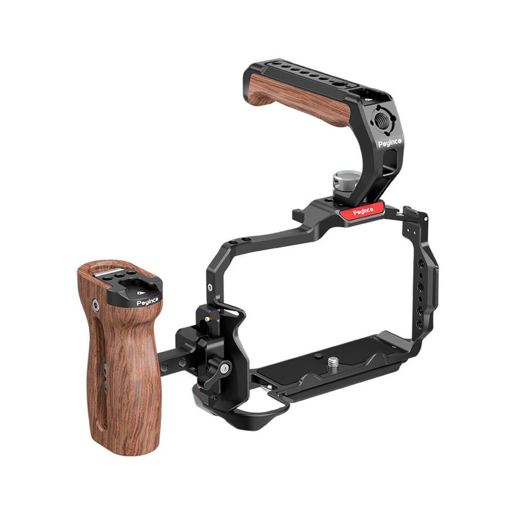 Poyinco JN-134 Camera Cage + Top Handle + Side Wooden Grip Kit Camera Video Cage with Cold Shoe