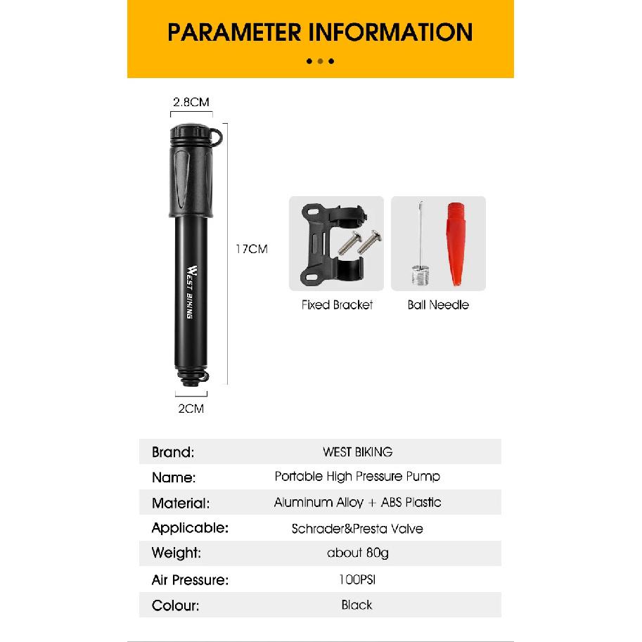WEST BIKING Мини Насос для велосипеда 100PSI Клапан Schrader Presta Насос для горного и шоссейного велосипеда Ручной воздушный насос из алюминиевого сплава Накачиватель шин